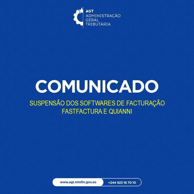 AGT suspende softwares de facturação FASTFACTURA e QUIANNI a partir de 1 de Setembro